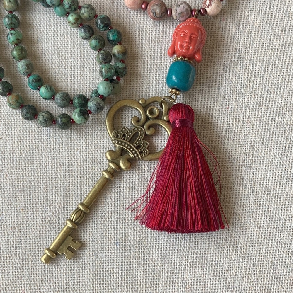 HP⭐️ Boho Laura Hansen Designs Chrysocolla Jasper Mala Necklace Key, Tassel